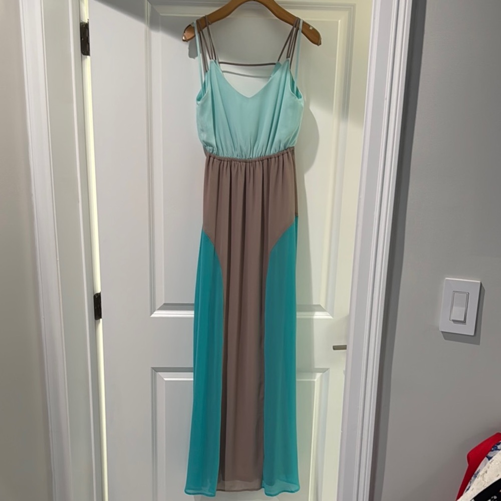 Blue and Tan Color-block Spaghetti Strap Sundress